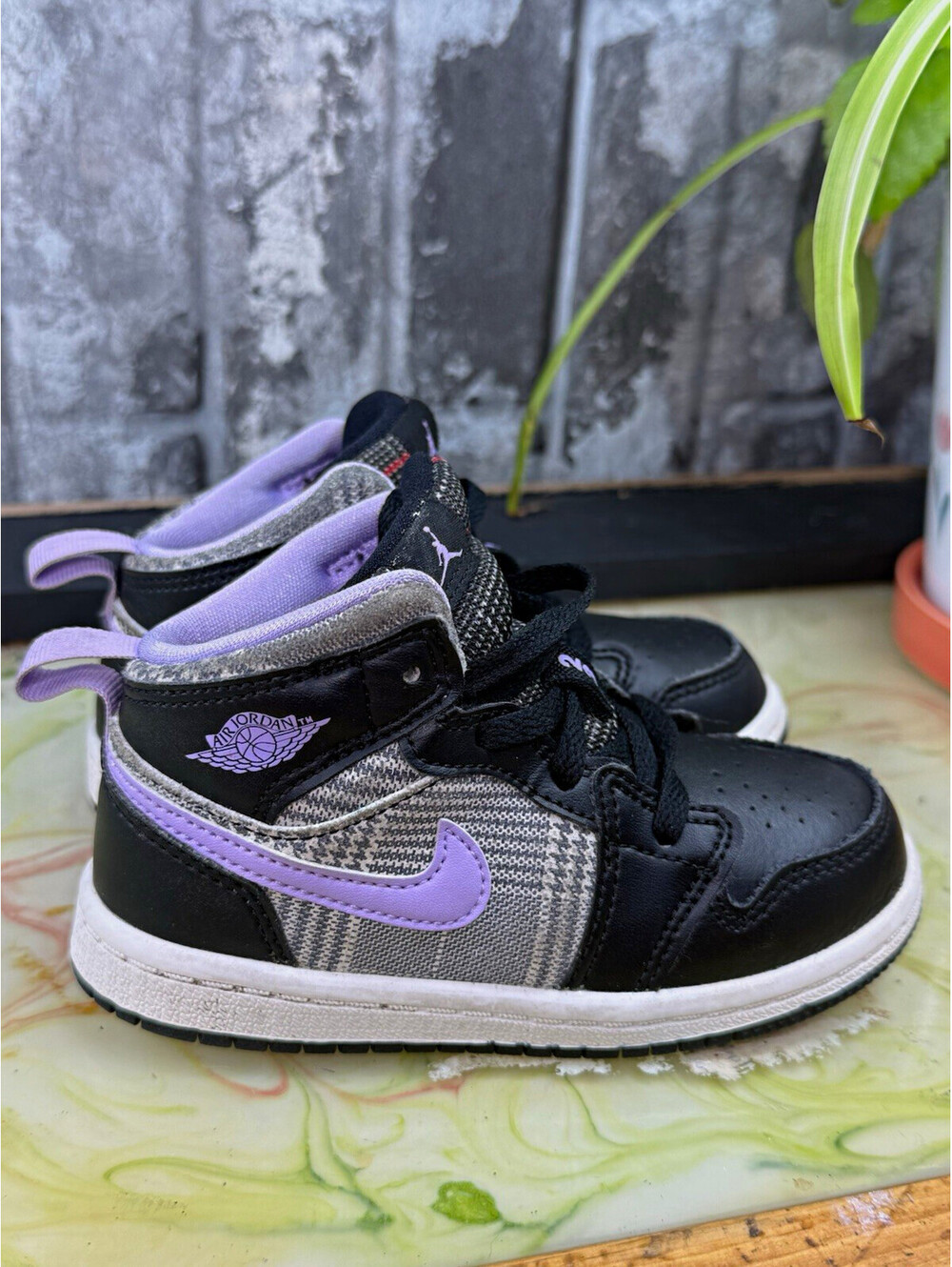 Jordan Air Jordan 1 Mid Kids Mid Top Leather Plaid Black/Purple/Gray DC7228 8c